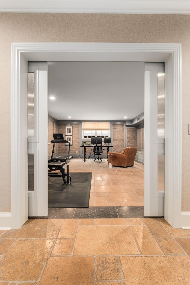 208 Carden Ave, Nashville, TN 37205 - hallway with baseboards, stone tile floors, crown molding, and recessed lighting
