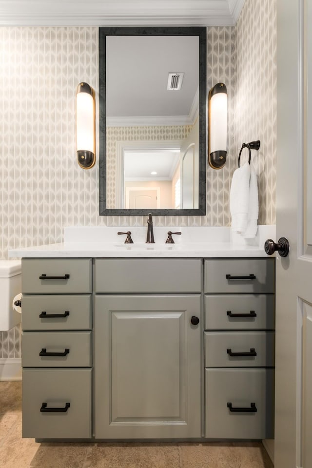 208 Carden Ave, Nashville, TN 37205 - bathroom featuring vanity, ornamental molding, wallpapered walls, and visible vents