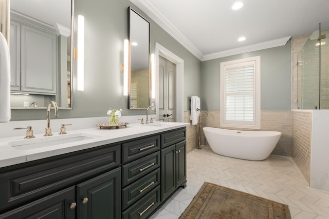 208 Carden Ave, Nashville, TN 37205 - bathroom with double vanity, a soaking tub, tile walls, and a sink