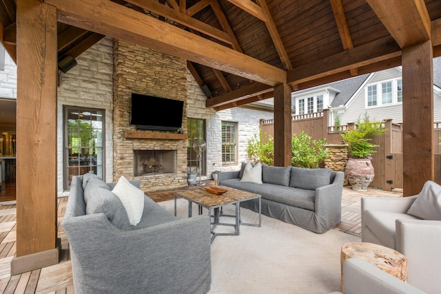 208 Carden Ave, Nashville, TN 37205 - living area featuring wood finished floors, an outdoor stone fireplace, wooden ceiling, beamed ceiling, and high vaulted ceiling