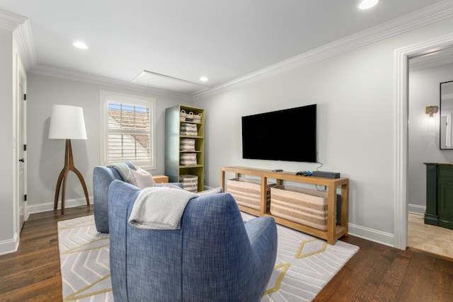 208 Carden Ave, Nashville, TN 37205 - living area with crown molding, baseboards, wood finished floors, and attic access
