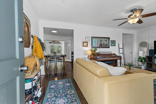 2821 Galesburg Dr, Nashville, TN 37217 - living area featuring crown molding, ceiling fan, french doors, and dark wood-style flooring