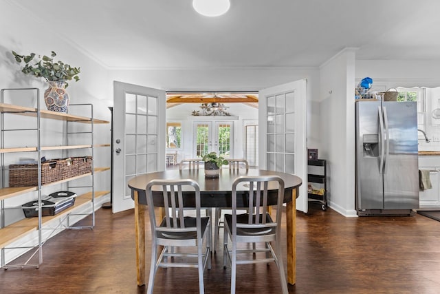 2821 Galesburg Dr, Nashville, TN 37217 - dining room with baseboards, dark wood-style floors, french doors, and lofted ceiling