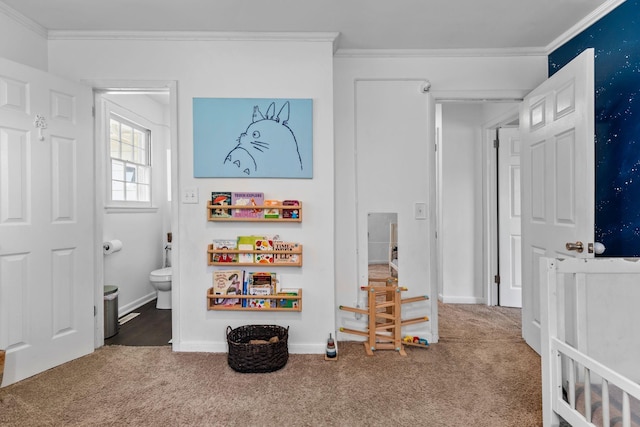 2821 Galesburg Dr, Nashville, TN 37217 - bedroom with crown molding, baseboards, carpet, and connected bathroom