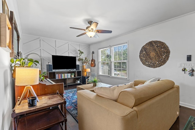 2821 Galesburg Dr, Nashville, TN 37217 - living area with a ceiling fan, baseboards, dark wood-style floors, and ornamental molding