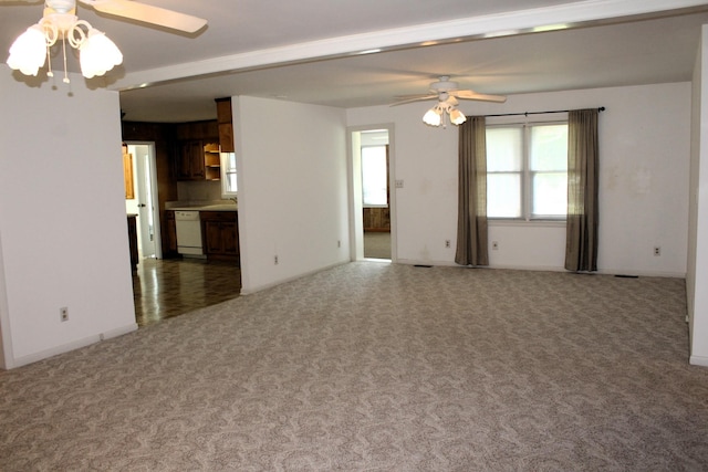 unfurnished living room featuring baseboards, carpet, and ceiling fan