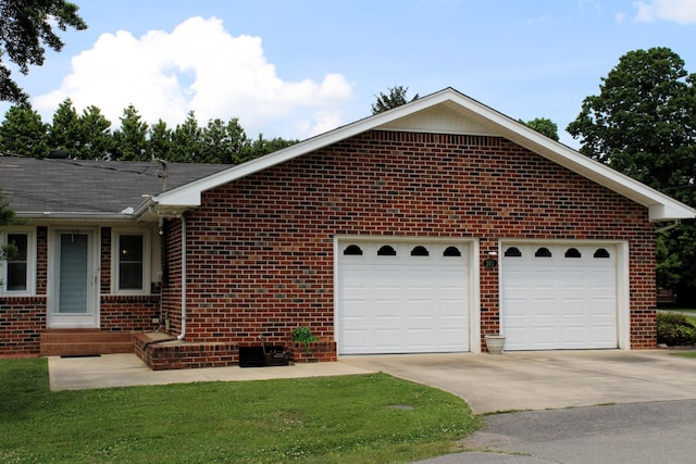 view of front facade with brick siding, an attached garage, roof with shingles, and concrete driveway