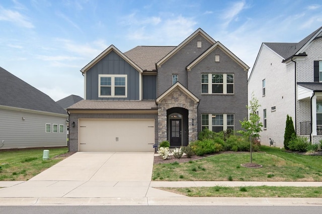 143 Newbury Dr, White House, TN 37188 - craftsman-style house featuring board and batten siding, driveway, a front yard, brick siding, and an attached garage