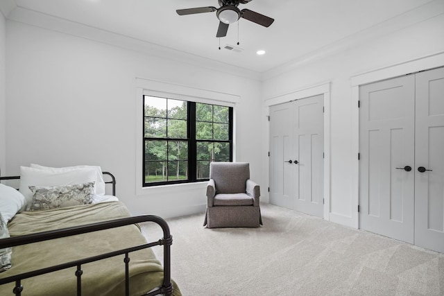 5750 Bunker Hill Rd, Cookeville, TN 38506 - carpeted bedroom with ceiling fan, visible vents, crown molding, multiple closets, and recessed lighting