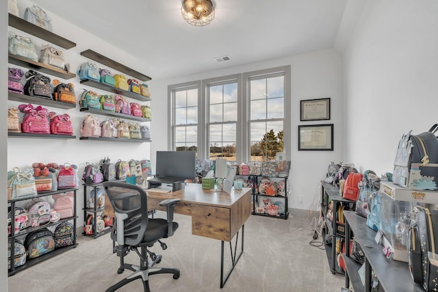 office area featuring carpet and visible vents