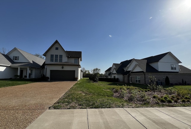 modern farmhouse featuring concrete driveway, a front lawn, central air condition unit, and a garage