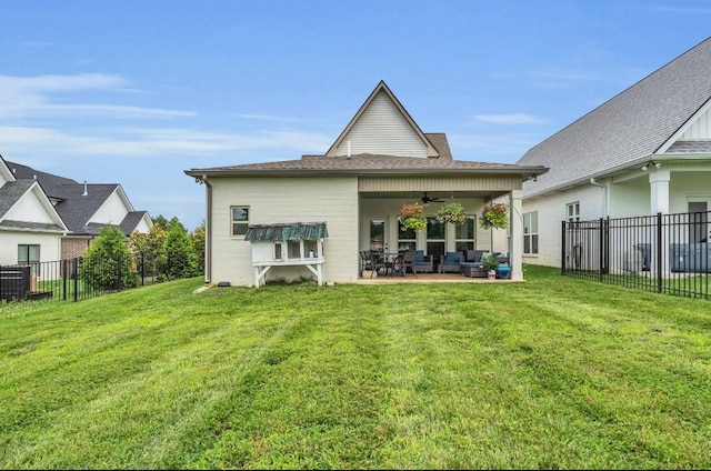 1572 John Galt Dr, Lebanon, TN 37087 - rear view of property with ceiling fan, a fenced backyard, an outdoor living space, and a patio area