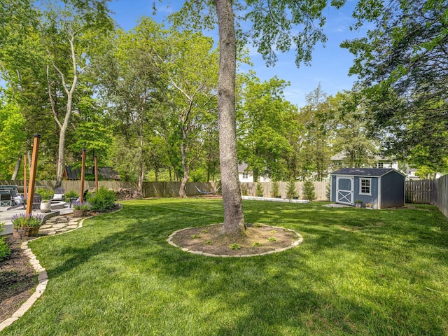view of yard with a fenced backyard, a storage unit, an outdoor structure, and a patio area