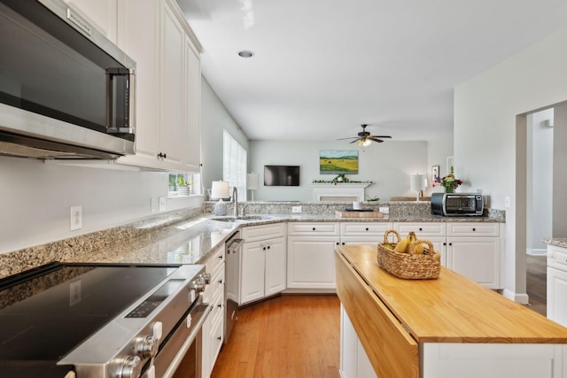 104 Drayton Ct, Franklin, TN 37067 - kitchen featuring ceiling fan, appliances with stainless steel finishes, a sink, light wood-style floors, and wood counters