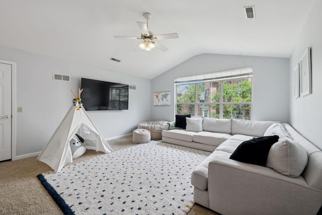 104 Drayton Ct, Franklin, TN 37067 - living room with carpet floors, ceiling fan, vaulted ceiling, and visible vents