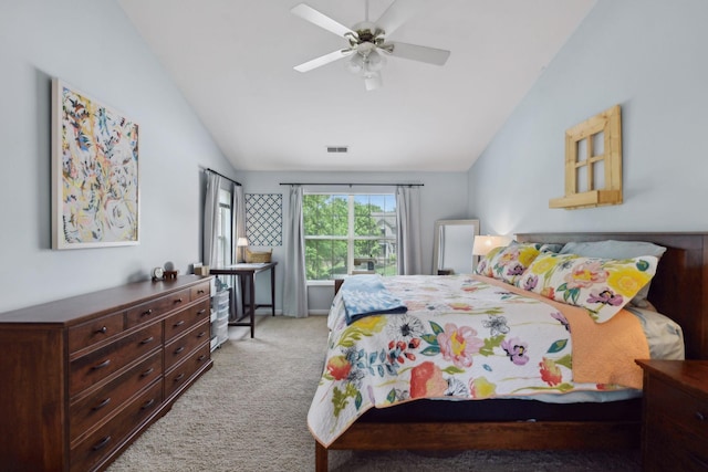 104 Drayton Ct, Franklin, TN 37067 - bedroom with light colored carpet, a ceiling fan, vaulted ceiling, and visible vents