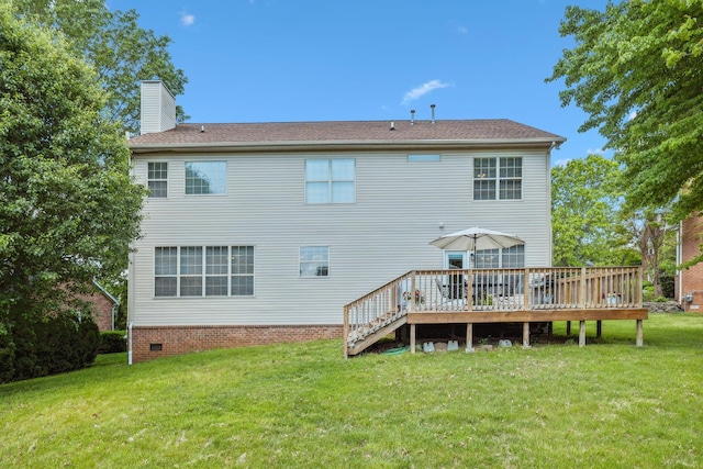 104 Drayton Ct, Franklin, TN 37067 - back of house with crawl space, a wooden deck, a yard, and a chimney