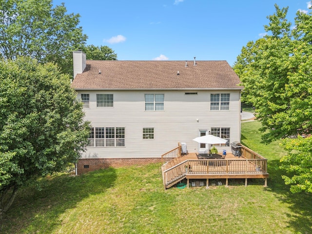 104 Drayton Ct, Franklin, TN 37067 - rear view of house featuring a wooden deck, a chimney, a shingled roof, crawl space, and a lawn