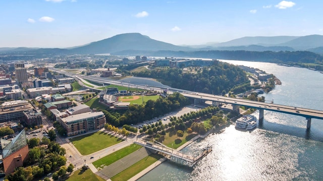bird's eye view featuring a water and mountain view