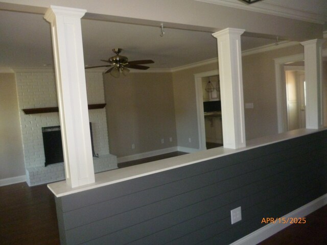 1314 Jewell Dr, Columbia, TN 38401 - interior space featuring crown molding, decorative columns, a brick fireplace, baseboards, and ceiling fan