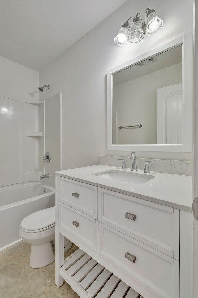 full bathroom with vanity, toilet, tile patterned floors,  shower combination, and visible vents