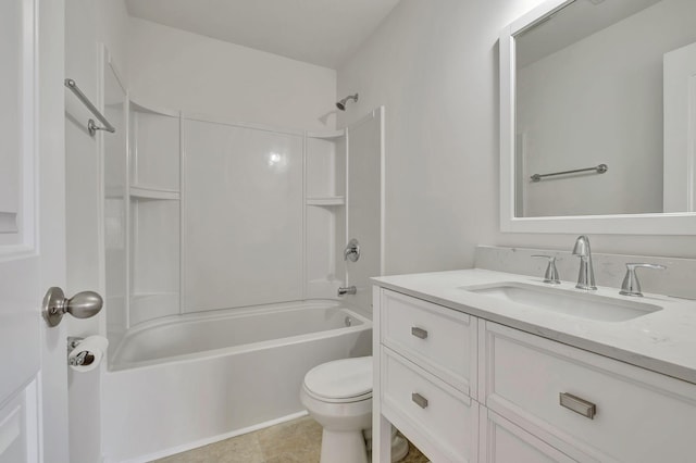 bathroom with shower / bath combination, vanity, tile patterned flooring, and toilet