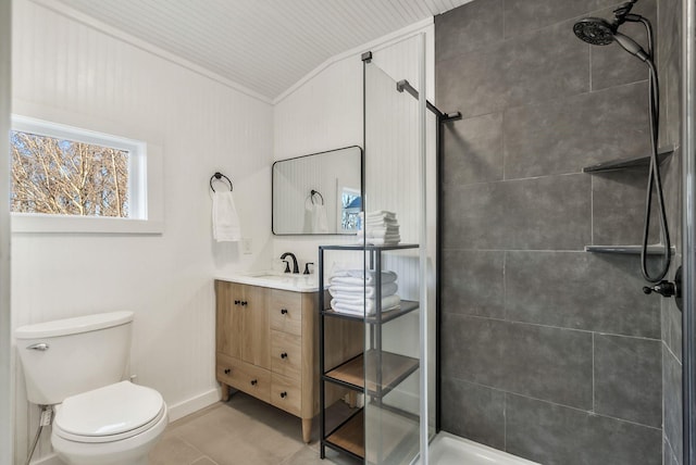 1614 Wade Rd, Lewisburg, TN 37091 - full bathroom with a shower stall, toilet, vanity, tile patterned flooring, and lofted ceiling