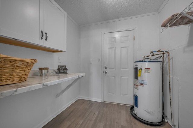 interior space with cabinet space, a textured ceiling, water heater, wood finished floors, and ornamental molding