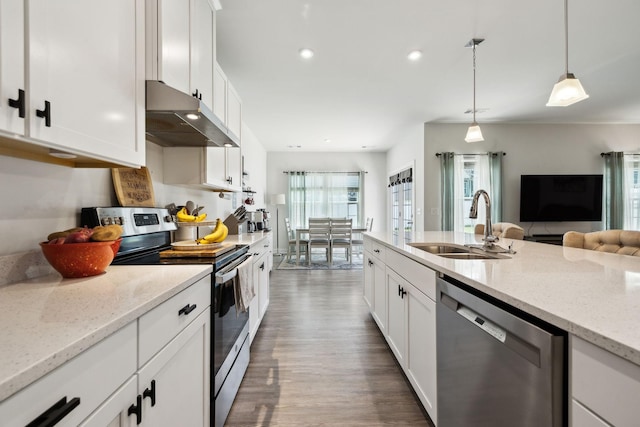 907 Caywood Rd, Smyrna, TN 37167 - kitchen featuring under cabinet range hood, a sink, white cabinetry, wood finished floors, and appliances with stainless steel finishes