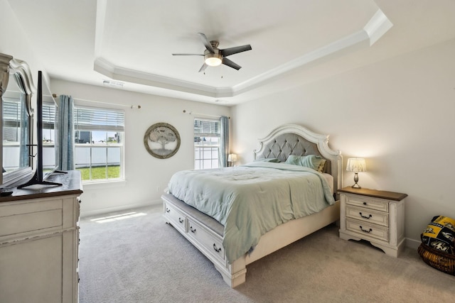 907 Caywood Rd, Smyrna, TN 37167 - bedroom with visible vents, a raised ceiling, ceiling fan, light colored carpet, and ornamental molding