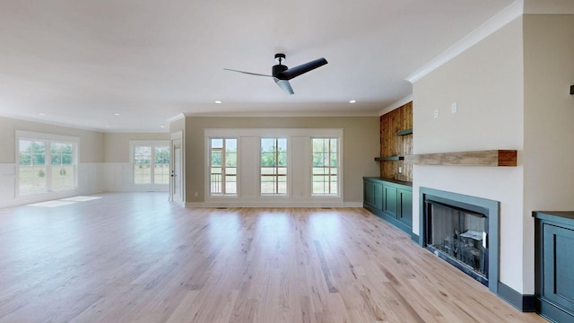 1150 Parsons Rd, Christiana, TN 37037 - unfurnished living room with ceiling fan, a fireplace, light wood-style flooring, baseboards, and ornamental molding