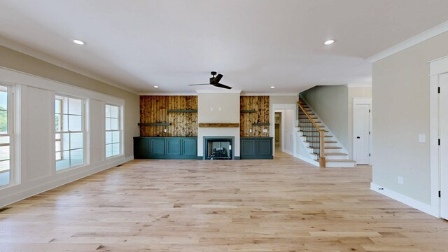 1150 Parsons Rd, Christiana, TN 37037 - unfurnished living room with crown molding, recessed lighting, ceiling fan, and stairs