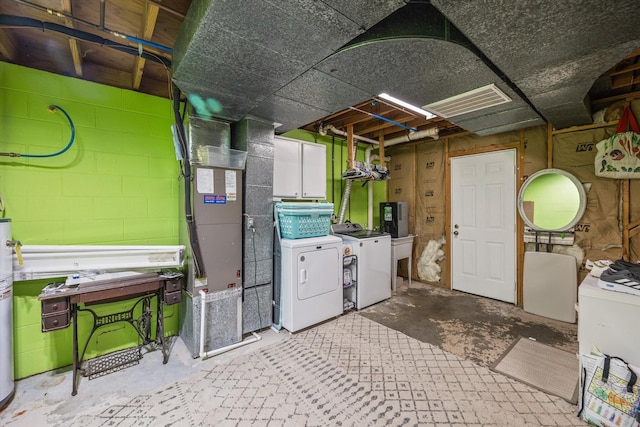 unfinished below grade area with separate washer and dryer, concrete block wall, water heater, heating unit, and visible vents