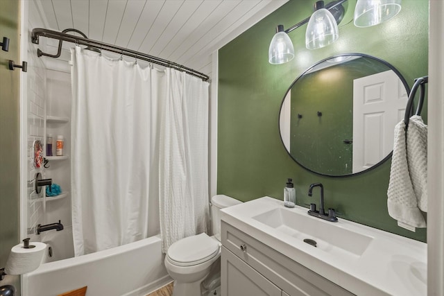 full bath with toilet, shower / tub combo, and vanity