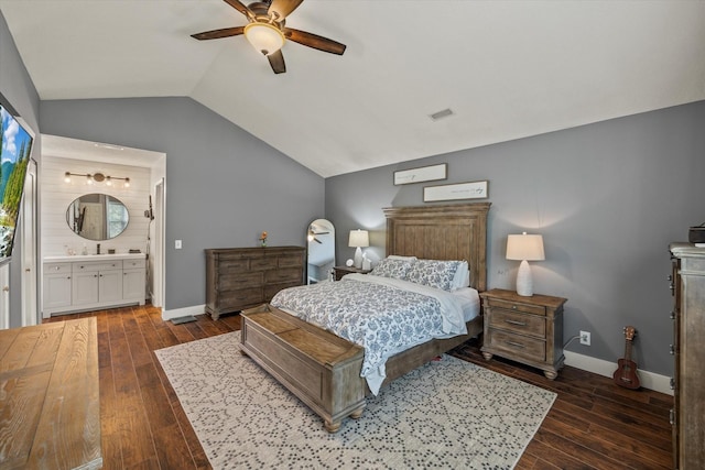 bedroom with visible vents, baseboards, hardwood / wood-style flooring, a ceiling fan, and vaulted ceiling