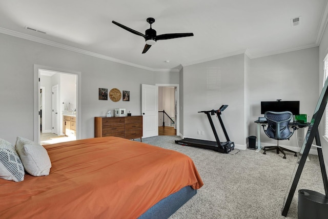 bedroom featuring visible vents, carpet, crown molding, and baseboards