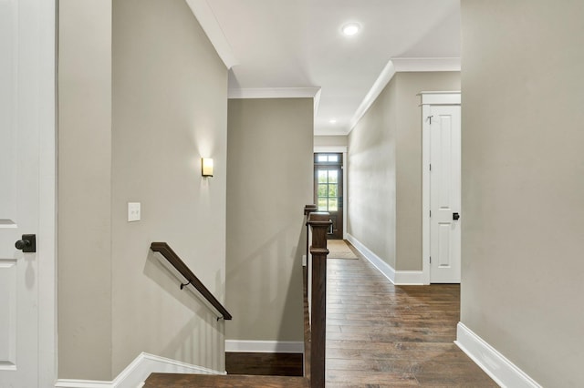 stairs with recessed lighting, baseboards, ornamental molding, and hardwood / wood-style floors