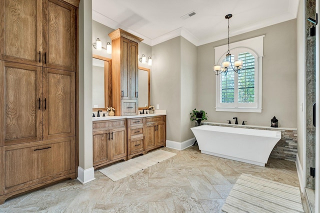 bathroom featuring double vanity, a chandelier, visible vents, marble finish floor, and a soaking tub