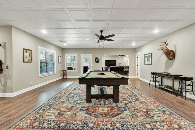 recreation room featuring pool table, ceiling fan, baseboards, and wood finished floors