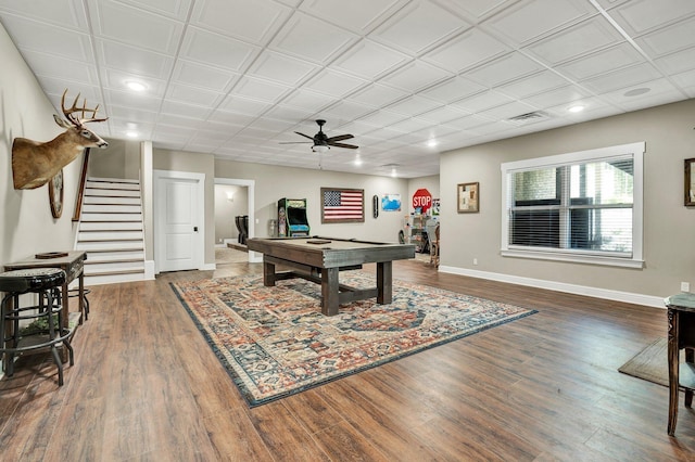 rec room with a ceiling fan, pool table, wood finished floors, baseboards, and recessed lighting