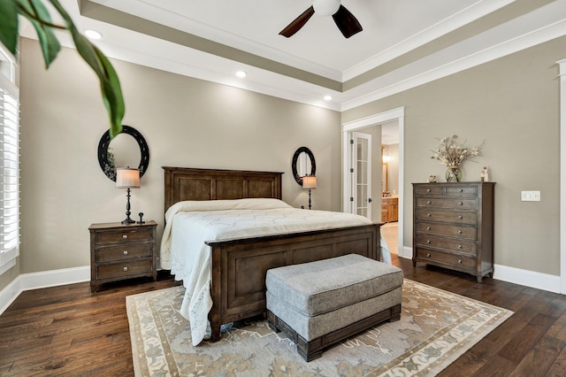 bedroom featuring crown molding, recessed lighting, baseboards, and dark wood-style floors