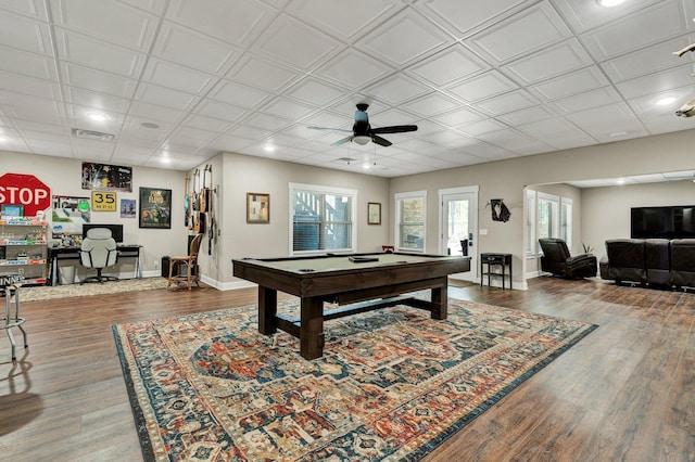 game room featuring a ceiling fan, wood finished floors, and pool table