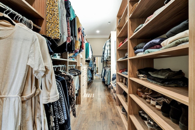 walk in closet with hardwood / wood-style floors