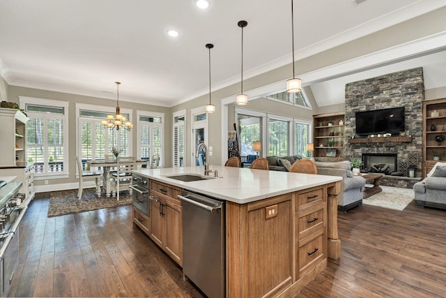 kitchen with dark wood-style flooring, a notable chandelier, a sink, a stone fireplace, and stainless steel appliances