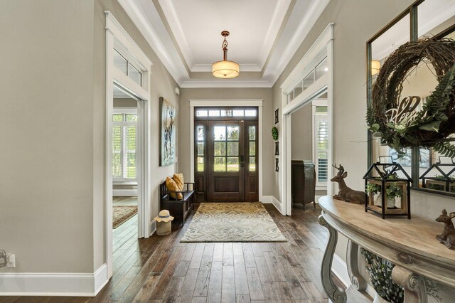 foyer entrance with a tray ceiling, dark wood-style floors, and baseboards