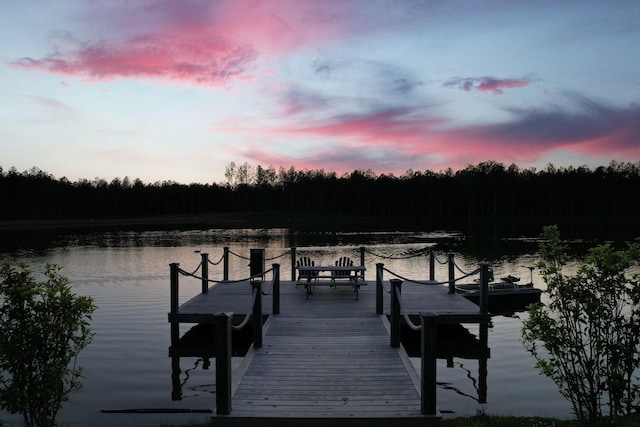 view of dock with a water view and a view of trees