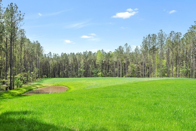 view of community with a lawn and a view of trees