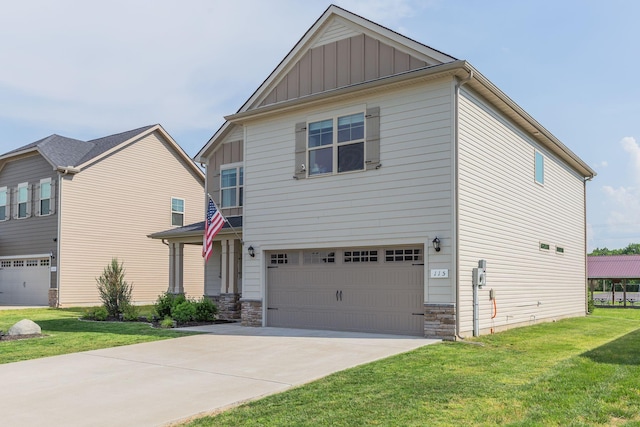 craftsman house with stone siding, a garage, board and batten siding, a front yard, and concrete driveway