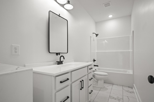 full bathroom with vanity, toilet, marble finish floor, baseboards, and visible vents