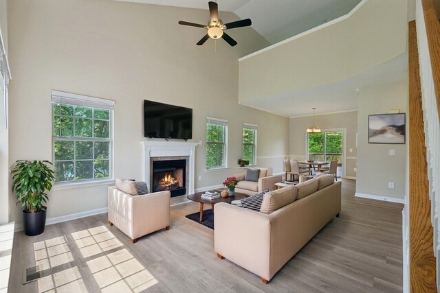 2300 Devonshire Dr, Old Hickory, TN 37138 - living area with a fireplace with flush hearth, baseboards, high vaulted ceiling, light wood-type flooring, and healthy amount of natural light